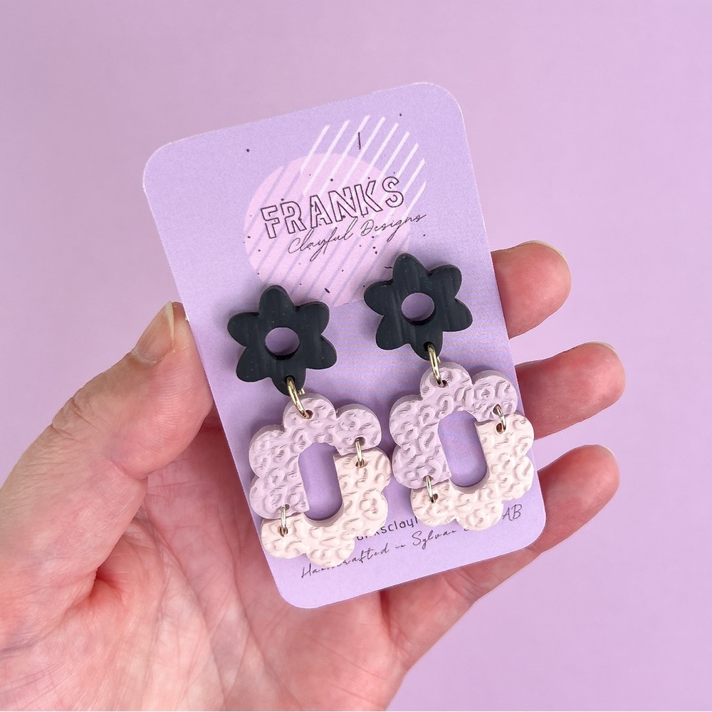 Black Flower Purple Leopard Texture Handmade Polymer Clay Dangle Earrings